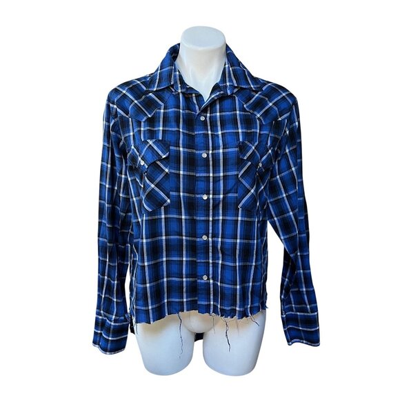 Re/Done Altered Plaid Western Pearl Snap Shirt Womens High Low Hem Size M Blue - Picture 1 of 6